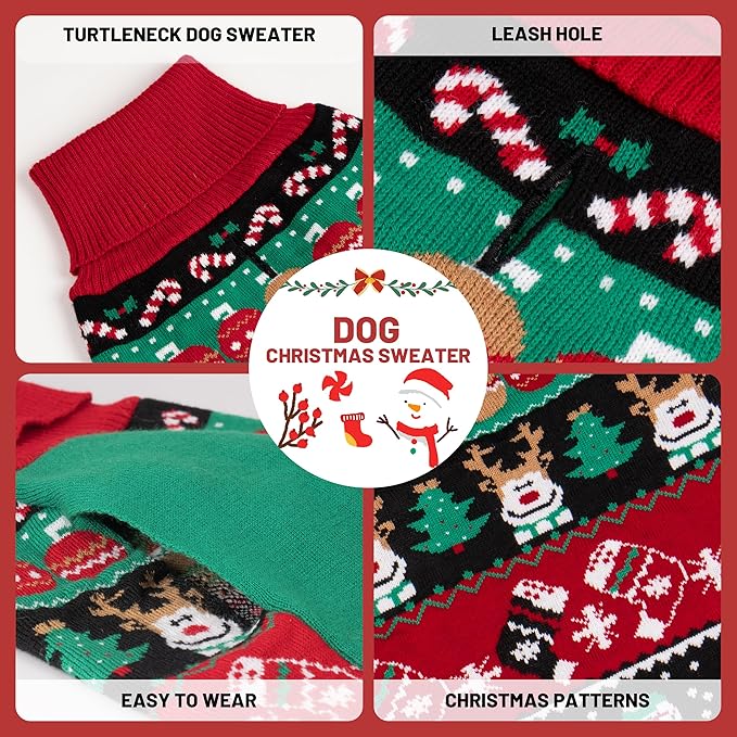 cyeollo Dog Christmas Sweater, Dog Clothes for Large Dogs Xmas Dogs Outfits Turtleneck Knitted Doggie Sweater with Leash Hole Girl & Boy, 3XL