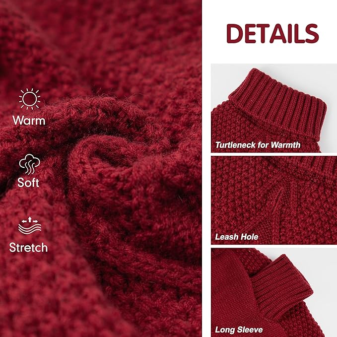 cyeollo Small Dog Sweater Warm Turtleneck Knitted Pet Winter Dog Clothes with Leash Hole Puppy Sweaters for Small Dogs