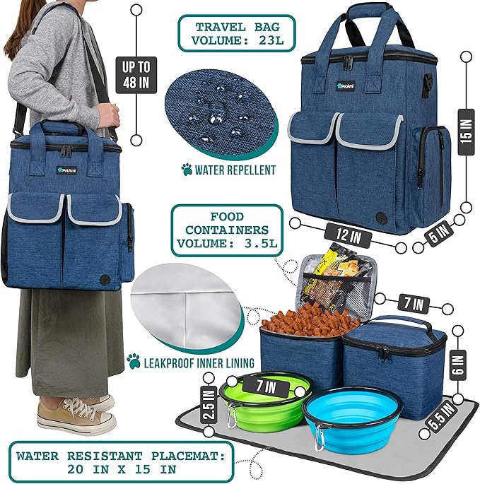 PetAmi Dog Travel Bag Pet Supplies Accessories Organizer for Traveling, Camping, Weekend; Cat Pet Travel Bag Kit Includes 2 Food Storage Containers, 2 Collapsible Bowls, 1 Feeding Mat (Navy Blue)