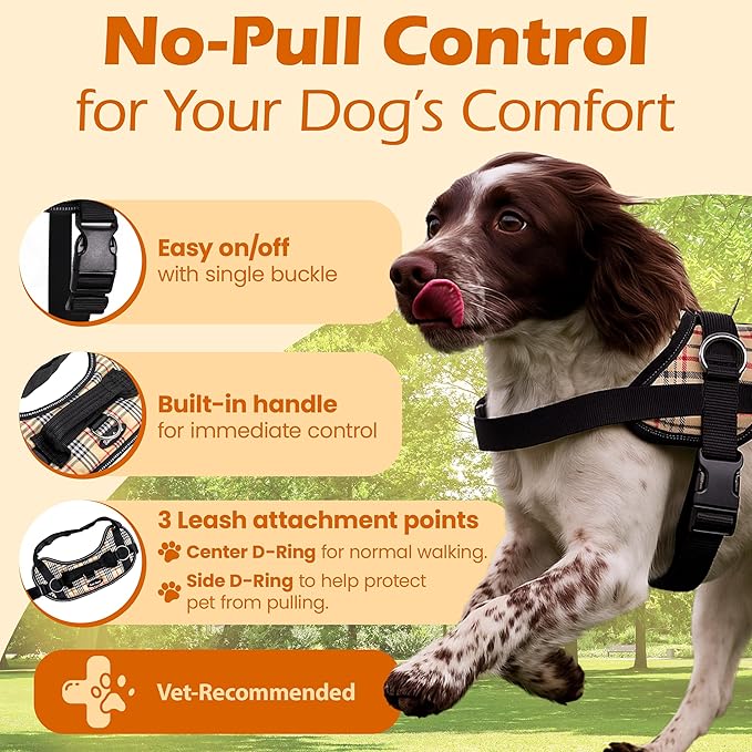 Bark Appeal Tan Plaid No-Pull Dog Harness for Extra Large Sized Pets – Adjustable, Reflective Vest with 3 Leash Clips for Added Control, Easy Walks & Training – XXL