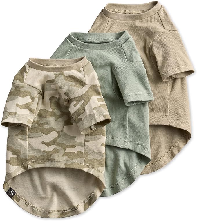 Toby II - The Perfect Tee, 3 Pack Short Sleeve Pet T-Shirt 100% Organic Cotton Tees Clothes for Small, Medium, Large Dogs, Sage Camo, XX-Small