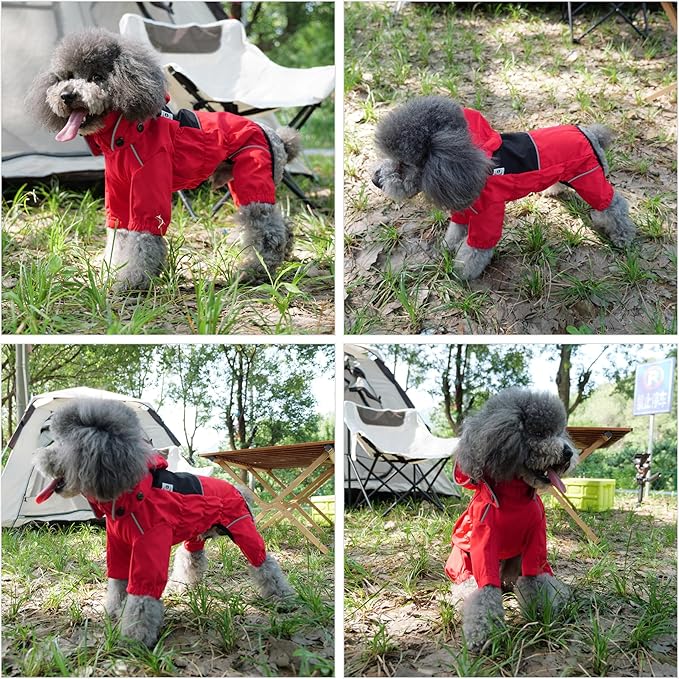 LOVELONGLONG Waterproof Dog Raincoat with Removable Hood – Outdoor Full Body Dog Jacket, Windproof Snowproof Shell Suit – All Season Pet Rain Gear Red 4XL