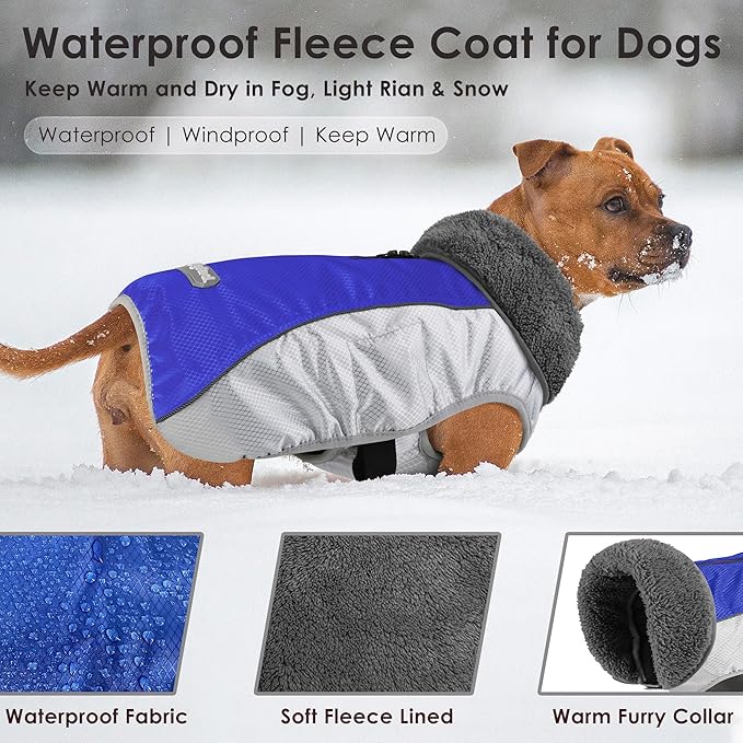 Dog Coat, Waterproof Ripstop Dog Winter Jacket with Leash Hole, Reflective Adjustable Warm Pet Fleece Snow Sweater for Small Medium Large Dogs - Blue, XL