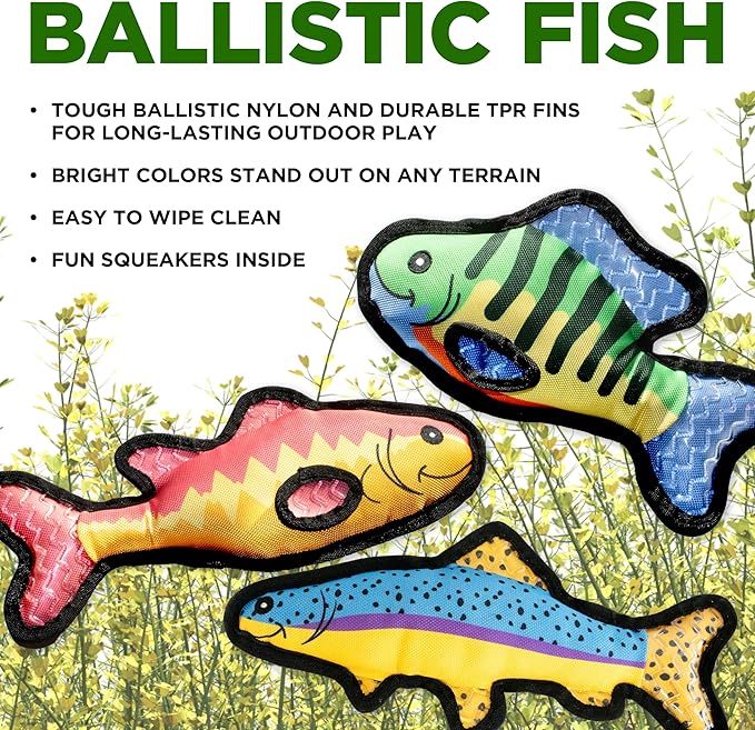 Plush Dog Toys | 3 Pack Bluegill, Trout, & Bass Fish Stuffed Animal Squeaky Toy for Dogs | Outdoor Pet Toy Built for Adventure