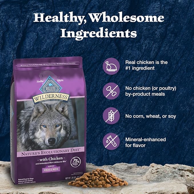 Blue Buffalo Wilderness Natural High-Protein, Small-Bite Dry Food for Adult Dogs, WITH WHOLESOME GRAINS, Chicken, 28-lb Bag