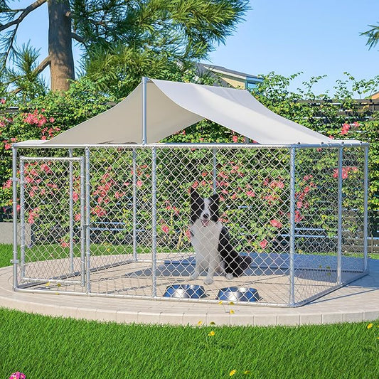 Outdoor Dog Enclosure Heavy Duty Dog Kennel House Mesh Outside Galvanized Chain Link Dog Run with Roof,Dog Cage Large Dogs Dog Pen Pet Kennel W/Waterproof Anti-UV Cover&Secure Lock for Large Dog