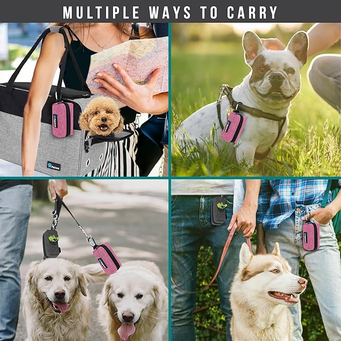 PetAmi Dog Poop Bag Holder for Leash Attachment, Doggie Zipper Pouch Soft Fabric Poop Bag Carrier, Dog Pet Waste Bag Dispenser with Carabiner Clip, 1 Roll of Dog Trash Bag (Pink, 1 Pack)