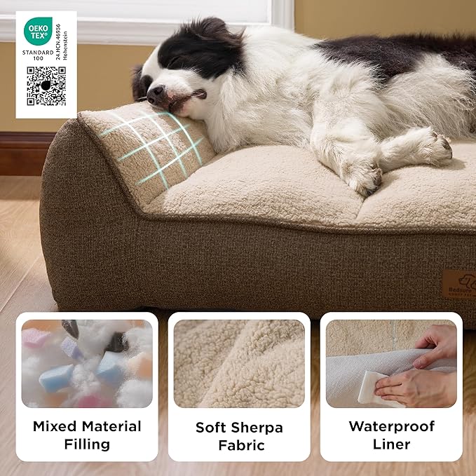 Bedsure Orthopedic Dog Beds Large Medium Sized Dog - Extra Thick Supportive Medium Dogs Bed with Waterproof Washable Cover, Comfort Pet Bed Sofa with Soft Plush Sherpa and Nonskid Bottom, Brown, 35"