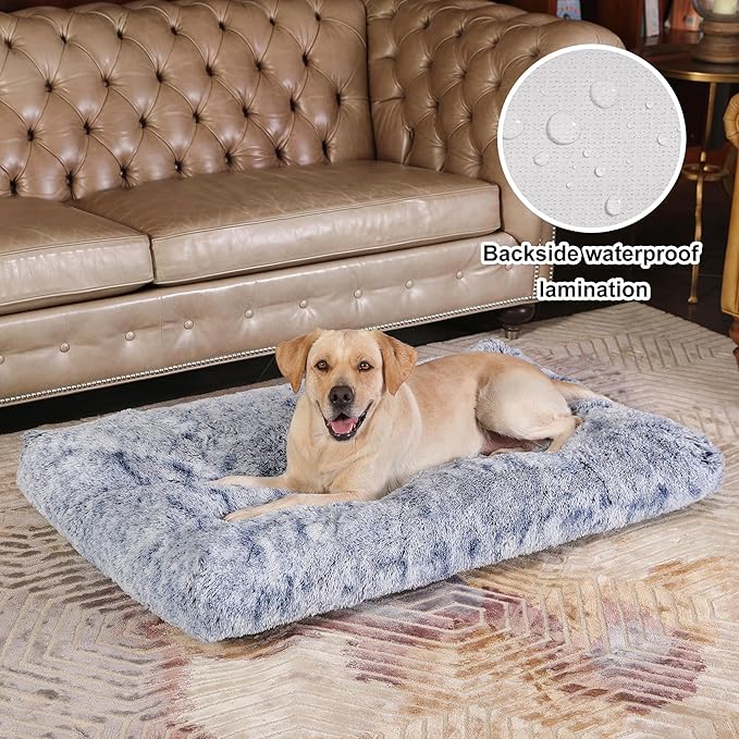 Bedfolks Plush Waterproof Dog Crate Bed, XXL Faux Fur Kennel Pad, 47"x29", Dark Blue