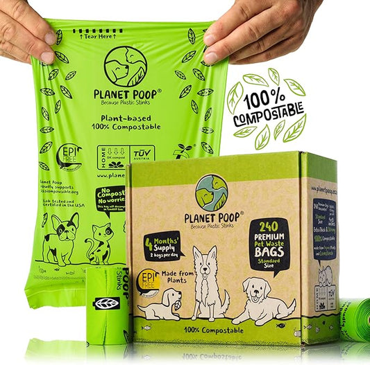PLANET POOP Home Compostable Dog Poop Bags on Refill Rolls, 240 Un-Scented Pet Waste Bags, Thick Leakproof Plant-Based Doggy Bag, Cat & Dogs Supplies