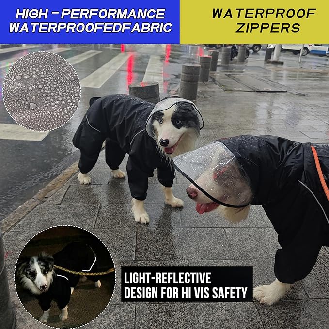 Dog Raincoat for Medium Large Dogs,rain Jacket Coat, Full Leg Coverage Waterproof Rain Suit with Detachable Hood & Tail, Reflective Strips, Snag-Free Top Zipper (Black for Girl, X-Small)