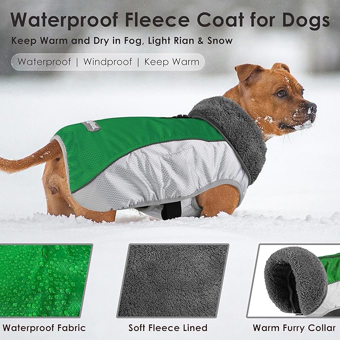 Dog Coat, Waterproof Ripstop Dog Winter Jacket with Leash Hole, Reflective Adjustable Warm Pet Fleece Snow Sweater for Small Medium Large Dogs - Green, 3XL