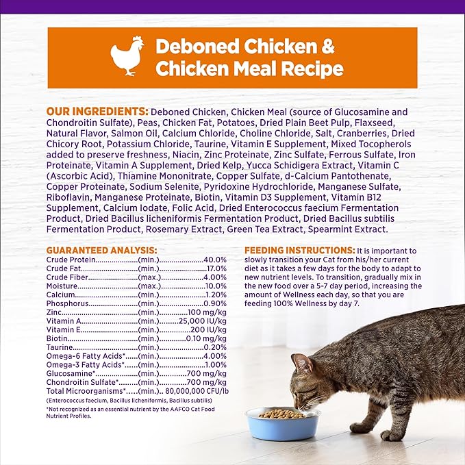 Wellness Complete Health Adult Dry Cat Food for Indoor and Outdoor Cats, Grain Free, Natural, Chicken & Chicken Meal (11.5 Pound Bag)