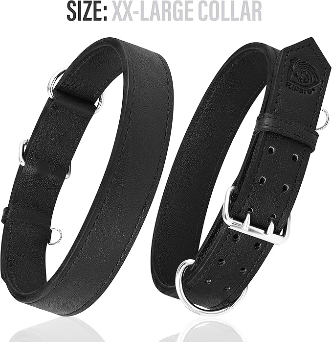 Riparo Dog Collar - Genuine Leather Dog Collars - Heavy Duty Dog Collars for Medium Large and Extra Large Dog Breeds (XL: 1.5” Wide for 22” - 26” Neck, Black)