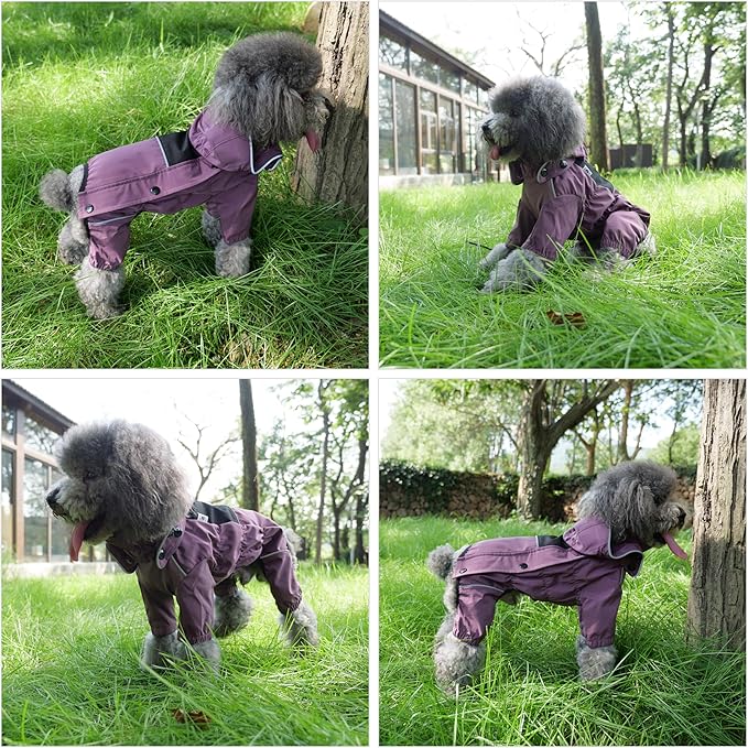 LOVELONGLONG Waterproof Dog Raincoat with Removable Hood – Outdoor Full Body Dog Jacket, Windproof Snowproof Shell Suit – All Season Pet Rain Gear Plum Purple S+