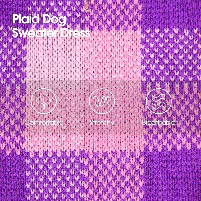 Dog Sweater Dress Plaid Knitwear for Small Medium Dogs Warm Puppy Pet Turtleneck Stretch Pullover Cute Fall Winter Vest Clothes with Leash Hole for Christmas (Purple, XL)