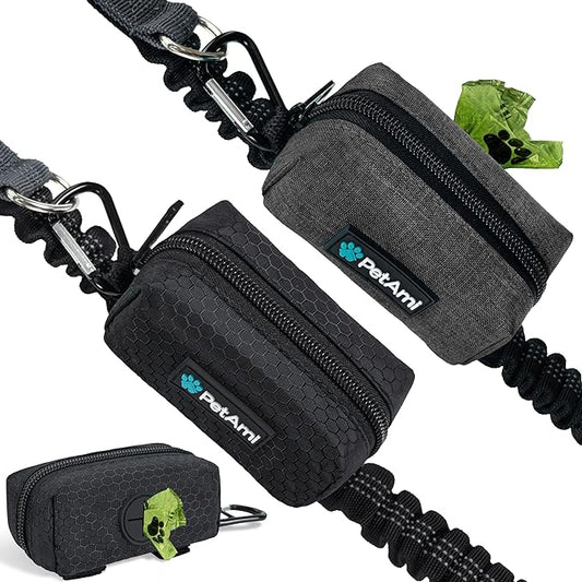 PetAmi Dog Poop Bag Holder for Leash Attachment, Doggie Zipper Pouch Soft Fabric Poop Bag Carrier, Dog Pet Waste Bag Dispenser with Carabiner Clip, 1 Roll of Dog Trash Bag (Black/Gray, 2 Pack)