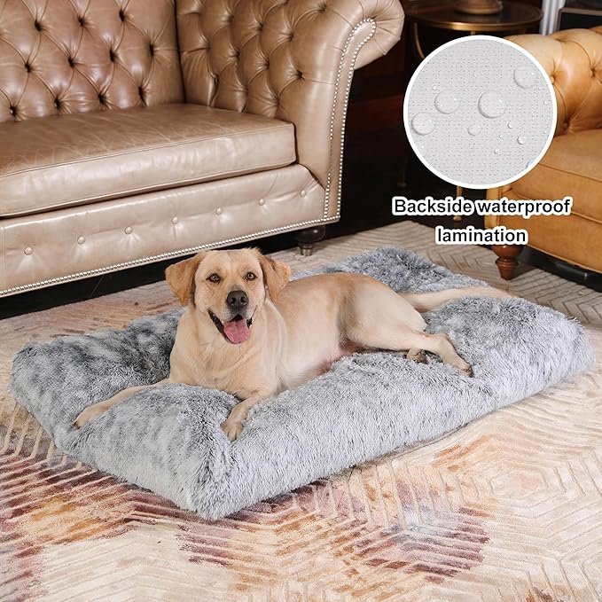 Bedfolks Waterproof Kennel Pad - Plush Dog Bed, XXL Crate Bed 47"x29", Washable Dark Grey Faux Fur Cover