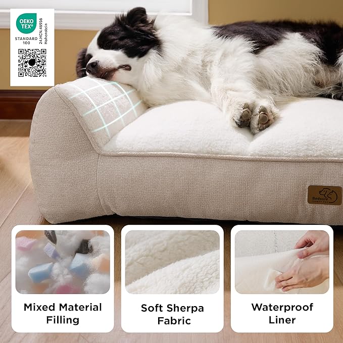 Bedsure Orthopedic Dog Beds Large Medium Sized Dog - Extra Thick Supportive Medium Dogs Bed with Waterproof Washable Cover, Comfort Pet Bed Sofa with Soft Plush Sherpa and Nonskid Bottom, Beige, 35"