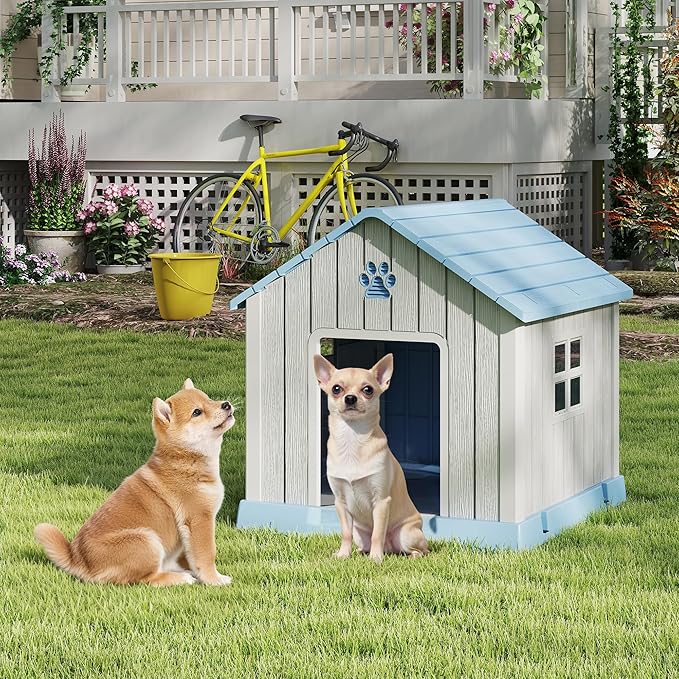 Dog House for Outdoor & Indoor Use with Window, Waterproof Ventilated Kennel with Elevated Floor, Easy to Clean Shelter for Small Medium Large Dogs (Blue, 29.9" L x 32.3" W x 32.5" H)