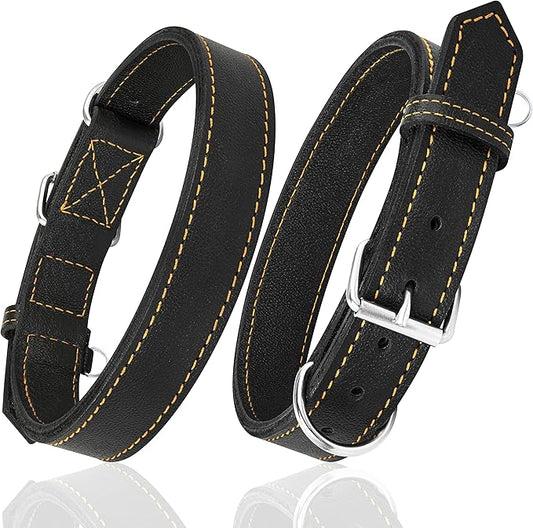 Riparo Dog Collar - Genuine Leather Dog Collars - Heavy Duty Dog Collars for Medium Large and Extra Large Dog Breeds (L: 1.25” Wide for 18” - 22” Neck, Black/Orange Thread)