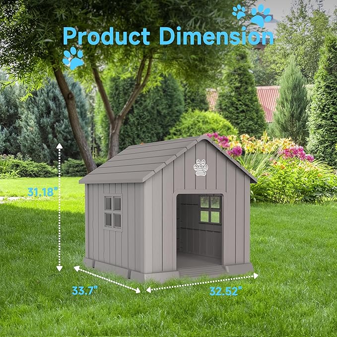 Vixzen 32in Large Outdoor Dog House,Durable Water Resistant Resin Dog House,Doghouse for Small to Large Dogs Indoor or Outside,with Air Vent and Elevated Floor,Gray