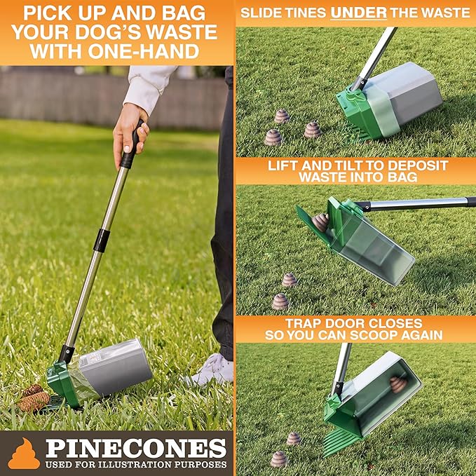 Neater Pet Brands Lift N’ Bag 2.0 Dog Pooper Scooper with Bag Attachment & 27" Pole for Small to Large Dogs, New & Improved Design, 195 Refill Bags, Heavy Duty Dog Poop Scooper for Yard, One-Hand Use