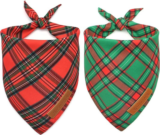 Realeaf Christmas Dog Bandanas 2 Pack, Reversible Red Green Plaid Dog Scarf, Xmas Pet Bandana, Premium Durable Fabric, Holiday Check Bandana for Large and Extra Large Dogs Pets (X-Large)