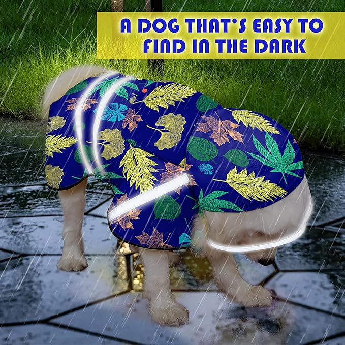 Dog Raincoat, Adjustable Rain Jacket with Hooded Double Layer for Large Medium Small Dogs Puppies, Lightweight Waterproof Rain Coat Poncho with Reflective Stripe Leaf Blue,L