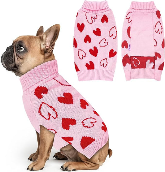 cyeollo Small Dog Valentines Sweater Heart Pattern Dog Clothes with Leash Hole Pullover Turtleneck Holiday Pet Apparel Pink