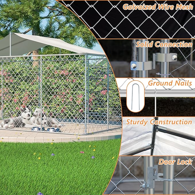Outdoor Dog Enclosure,Heavy Duty Dog Kennel House Mesh Outside,Galvanized Chain Link Dog Run with Roof,Dog Cage Large Dogs,Dog Pen,Pet Kennel W/Waterproof Anti-UV Cover&Secure Lock for Large Dog
