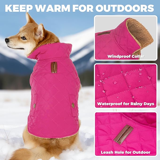 Dog Coat, Warm Winter Dog Waterproof Jacket for Medium Dogs, Fleece Lined Adjustable Dogs Coats Cold Weather Windproof Doggie Snowsuit with Leash Hole, Rose Red X-Large