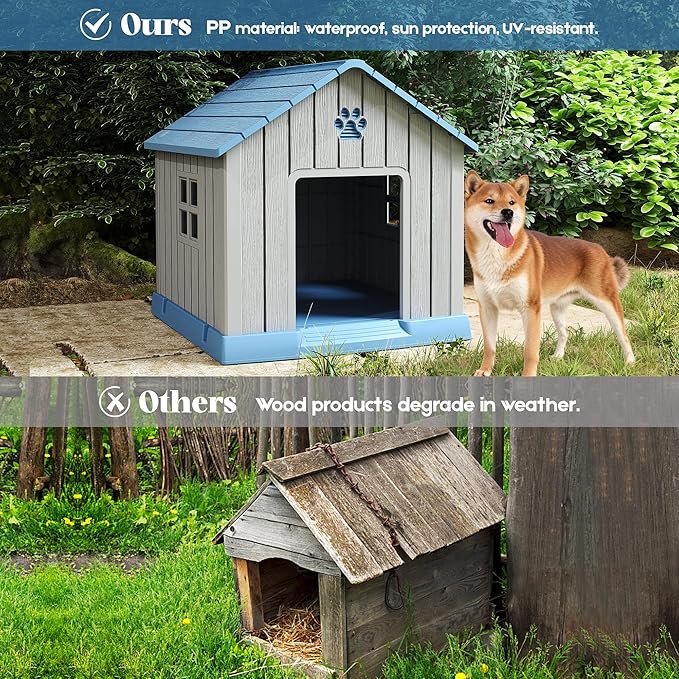 Dog House for Outdoor & Indoor Use with Window, Waterproof Ventilated Kennel with Elevated Floor, Easy to Clean Shelter for Small Medium Large Dogs (Blue, 29.9" L x 32.3" W x 32.5" H)