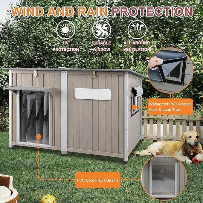 Outdoor Dog House Weatherproof, Wooden Puppy Shelter with Anti-Chewing Iron Frame and Elevated Floor, Sturdy Dog Kennel for Small, Medium & Large Dogs (Gray, 51" L x 29" W x 32" H)