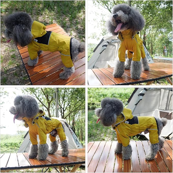 LOVELONGLONG Fleece-Lined Dog Raincoat with Removable Hood – Waterproof Winter Full Body Dog Jacket – Windproof Snowproof Cold-Weather Suit – Yellow-F M