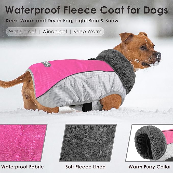 Dog Coat, Waterproof Ripstop Dog Winter Jacket with Leash Hole, Reflective Adjustable Warm Pet Fleece Snow Sweater for Small Medium Large Dogs - Pink, XL