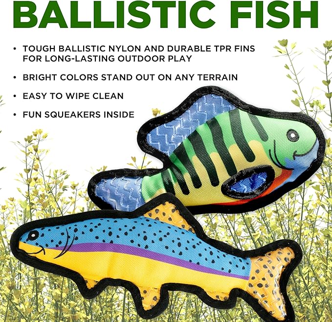 Plush Dog Toys | 2 Pack Bluegill & Trout Fish Stuffed Animal Squeaky Toy for Dogs | Outdoor Pet Toy Built for Adventure