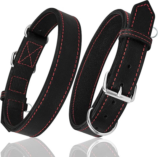 Riparo Dog Collar - Genuine Leather Dog Collars - Heavy Duty Dog Collars for Medium Large and Extra Large Dog Breeds (M: 1” Wide for 14” - 18” Neck, Black/Red Thread)