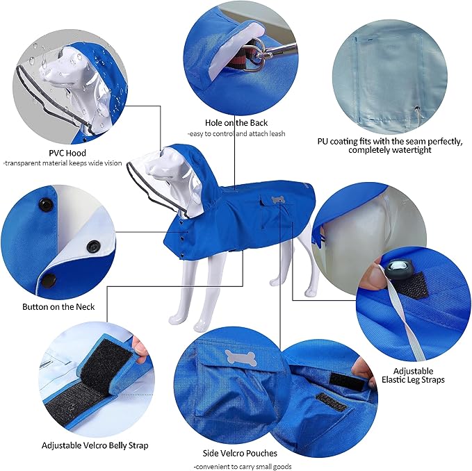 Waterproof Dog Raincoat, Adjustable Reflective Lightweight Pet Rain Clothes with Poncho Hood (4X-Large, Blue)