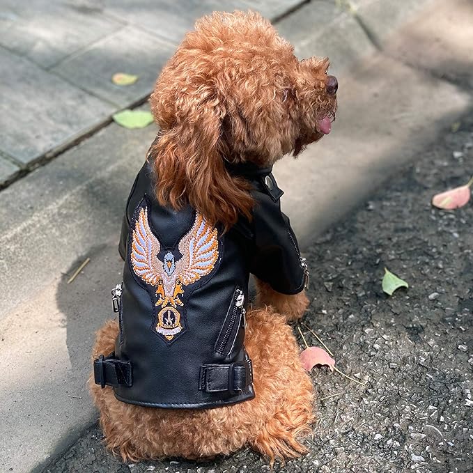 Lovelonglong Cool Dog Leather Jacket, Warm Coats Dogs Windproof Cold Weather Coats for Large Medium Small Dogs with Eagle Embroidery Black XL