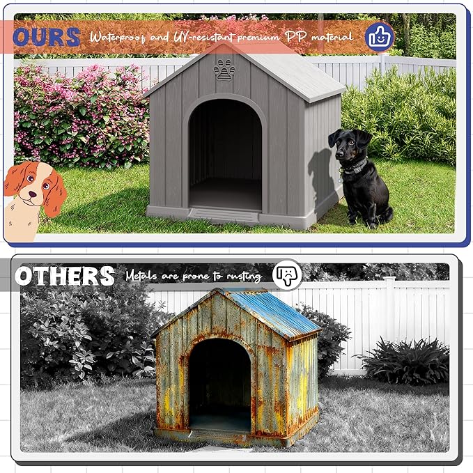 Dog House Outdoor Indoor, Plastic Small Dog House-Weatherproof & Insulated Design with Air Vents & Elevated Floor for Small to Medium Dogs, Easy Clean and Assemble (Grey)