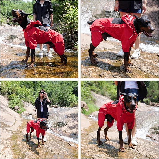LOVELONGLONG Waterproof Dog Raincoat with Removable Hood – Outdoor Full Body Dog Jacket, Windproof Snowproof Shell Suit – All Season Pet Rain Gear Red XL