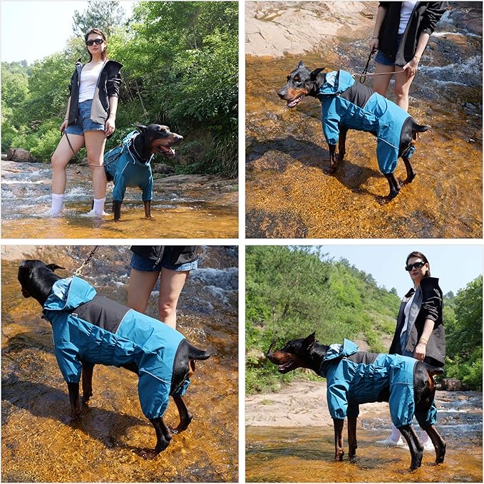 LOVELONGLONG Waterproof Dog Raincoat with Removable Hood – Outdoor Full Body Dog Jacket, Windproof Snowproof Shell Suit – All Season Pet Rain Gear Ocean Teal XXL