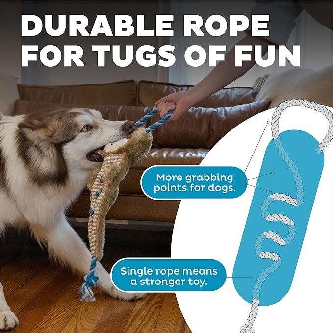 Outward Hound Ropiez Rope Interactive Dog Tug Toy for Tugging Squeaky Fun, 23.6 Inch Sloth, Brown, Large