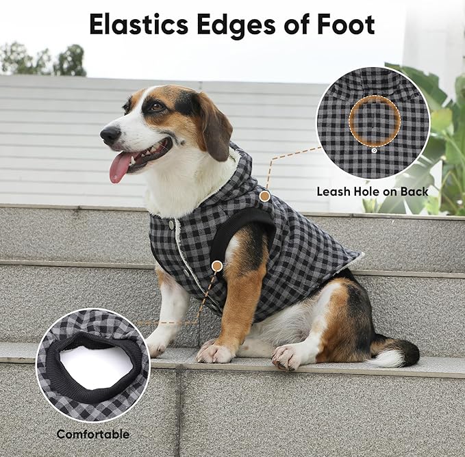 Fleece Lining Dog Hoodie for Large Dogs Extra Warm Plaid Sweater with Drawstring Hooded Coats in Winter Doggie Jacket,Black XXXL