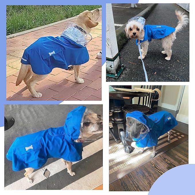 Waterproof Dog Raincoat, Adjustable Reflective Lightweight Pet Rain Clothes with Poncho Hood (Large, Blue)