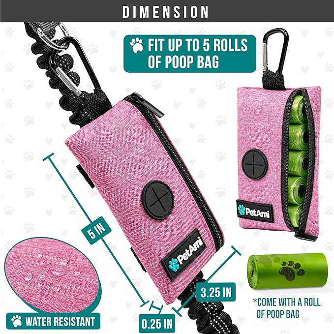 PetAmi Dog Poop Bag Holder for Leash, Dog Waste Bag Dispenser with Clip, Doggy Walking & Camping Accessories with Trash Bag Roll, Pink 1 Pack