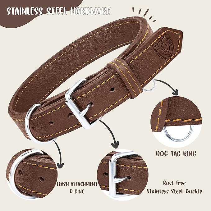 Riparo Dog Collar - Genuine Leather Dog Collars - Heavy Duty Dog Collars for Medium Large and Extra Large Dog Breeds (M: 1” Wide for 14” - 18” Neck, Brown)