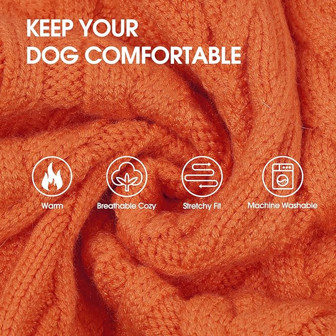 IECOii Girl Dog Sweater Dress - Cable Knit Dog Sweater for Medium Dogs Girl, Orange, Large - Turtleneck Winter Sweaters with Leash Hole, Soft & Stretchy Adorable Dress for Thanksgiving Christmas Photo