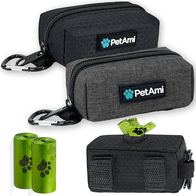 PetAmi Dog Poop Bag Holder for Leash Attachment, Doggie Zipper Pouch Soft Fabric Poop Bag Carrier, Dog Pet Waste Bag Dispenser with Carabiner Clip, 1 Roll of Dog Trash Bag (Black/Gray, 2 Pack)
